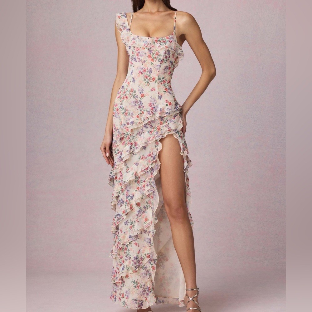 Hera Oh Polly Asymmetrical Floral Dress - Cream and Pink